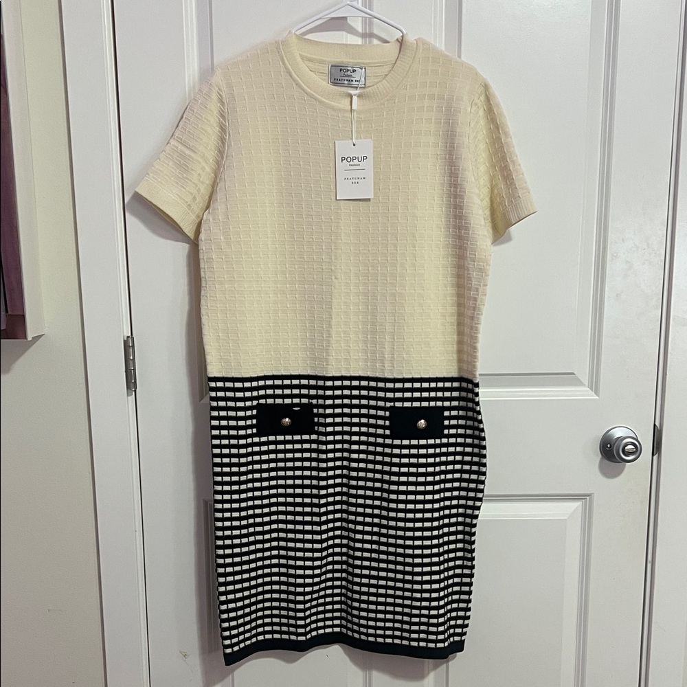 Pop Cream and Black Patterned Midi Dress